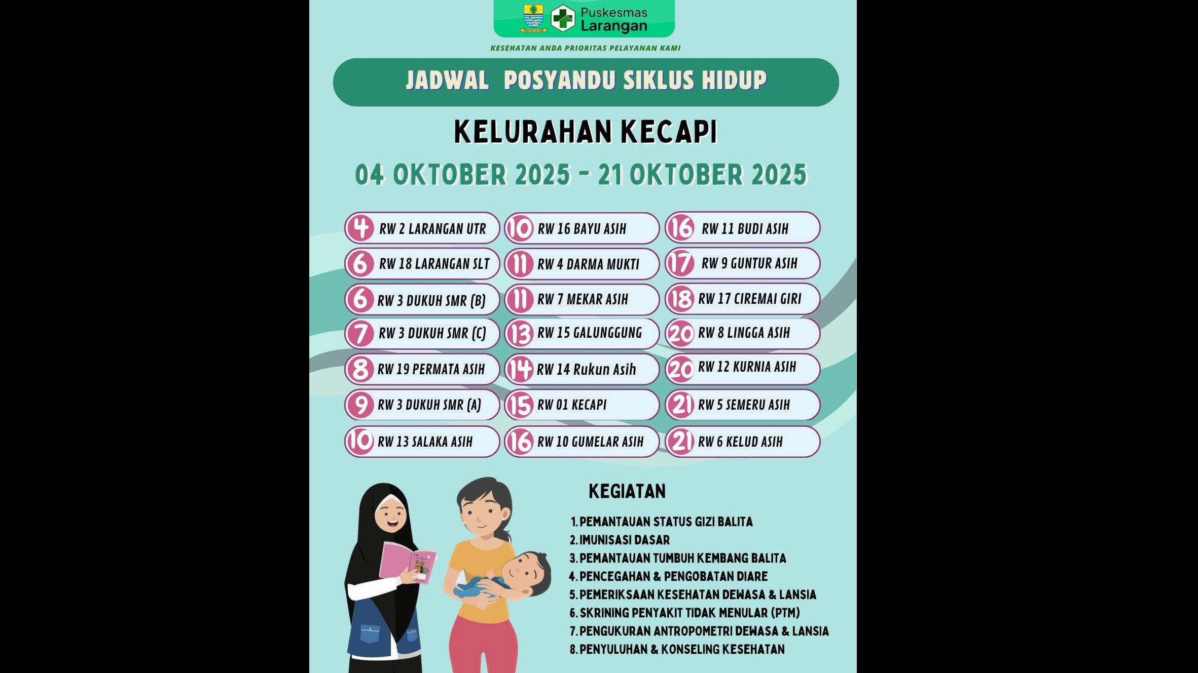 JADWAL POSYANDU SIKLUS HIDUP PUSKESMAS LARANGAN KELURAHAN KECAPI BULAN OKTOBER TAHUN 2025